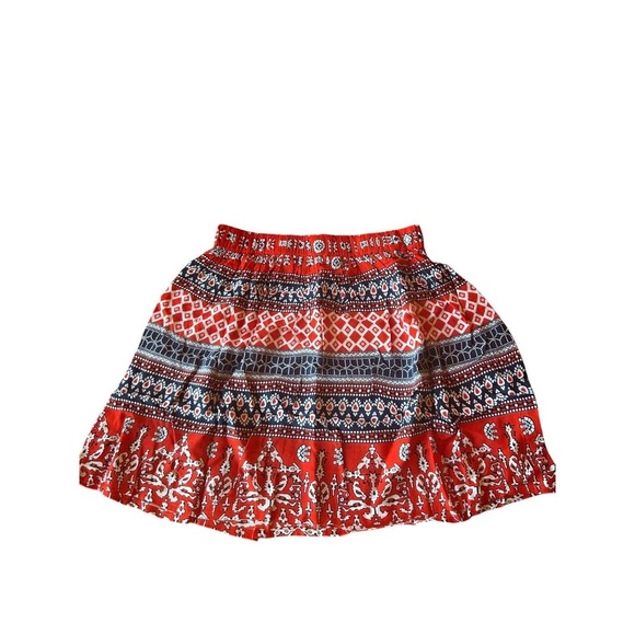 Raga Red & Blue Bohemian Patterned XS Mini Skirt With Elastic Waist & Ruffle Hem - Picture 1 of 5